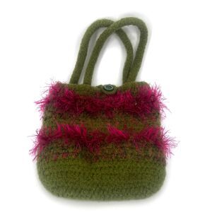 Hand Knit Felted Hand Bag Fringe Fuzz Trim Green Pink Tote Boho Eclectic Fun